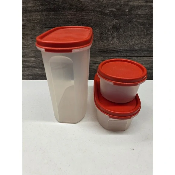 Tupperware Modular Mates Oval 3 1 Red Lid Set 3pc Frosted Clear 1613 1611 1605
