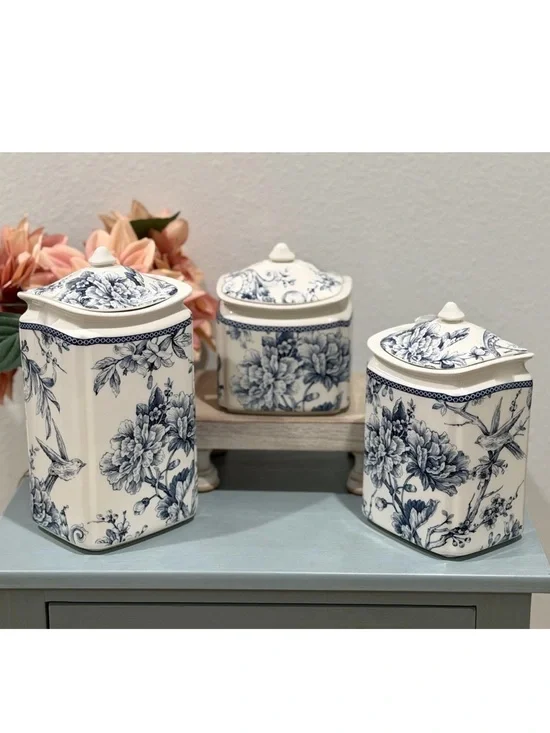 Set (3) 222 Fifth Adelaide Blue Bird Floral Canisters on White Background ~New~