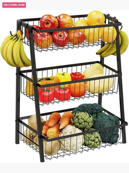 3-Tier Trapezoidal Fruit Basket with Banana Hooks, Metal Wire Kitchen Organizer