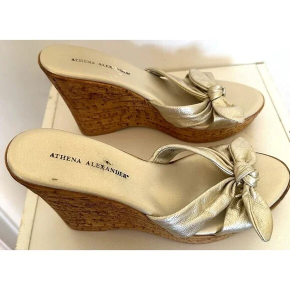 Athena Alexander Gold Cork Wedges Size 9 Shimmer Bow Holiday Metallic