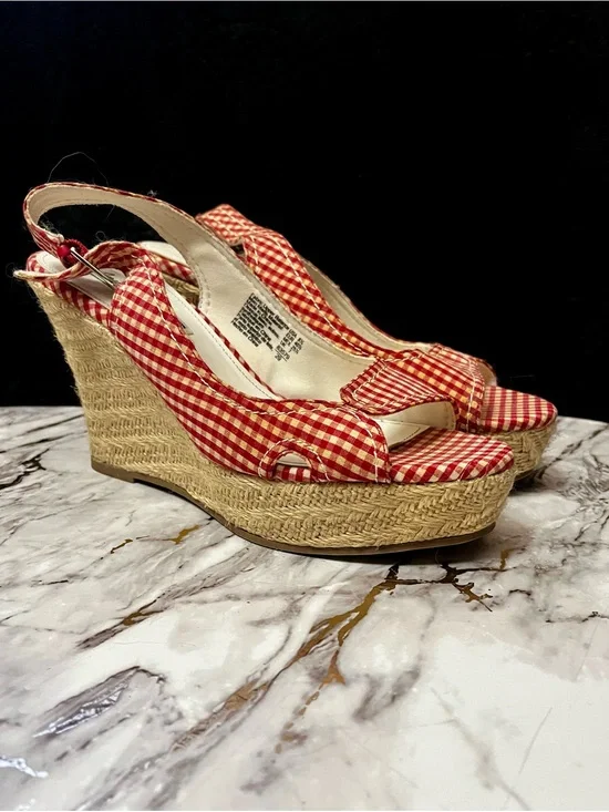 American Eagle Outfitters Red Gingham Espadrille Wedge Sandals