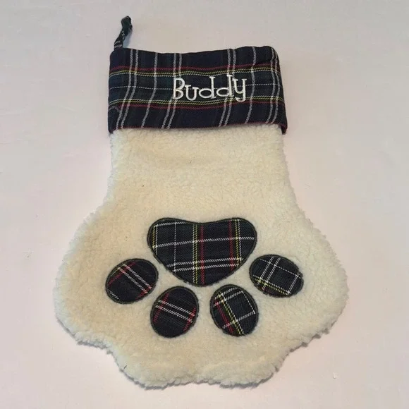 Buddy Personalized Dog Paw Christmas Stocking Sherpa Plaid Navy Ivory 15in