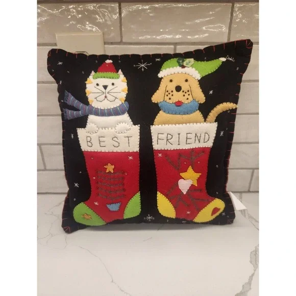 Cat And Dog‎ In Christmas Stockings Best Friends 14x14 Square Throw Decor Pillow