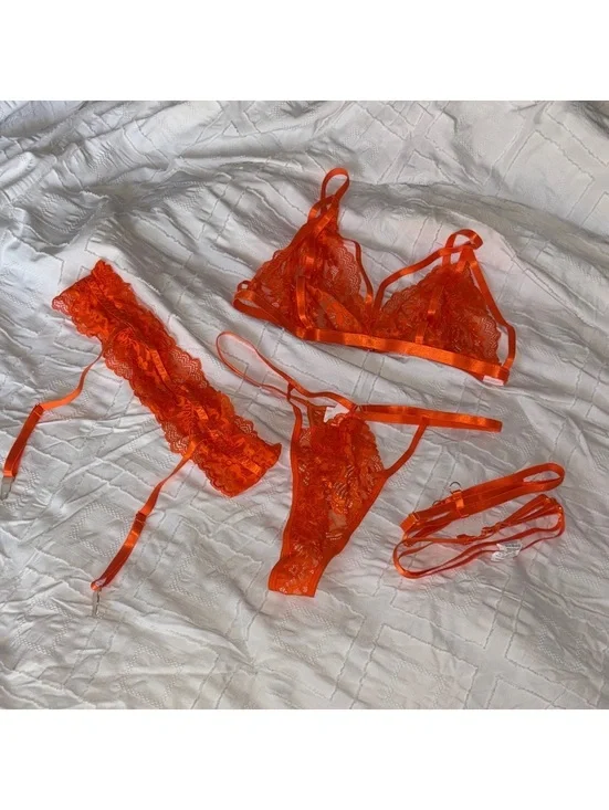 Lace Bralette & Garter Lingerie Set - Orange