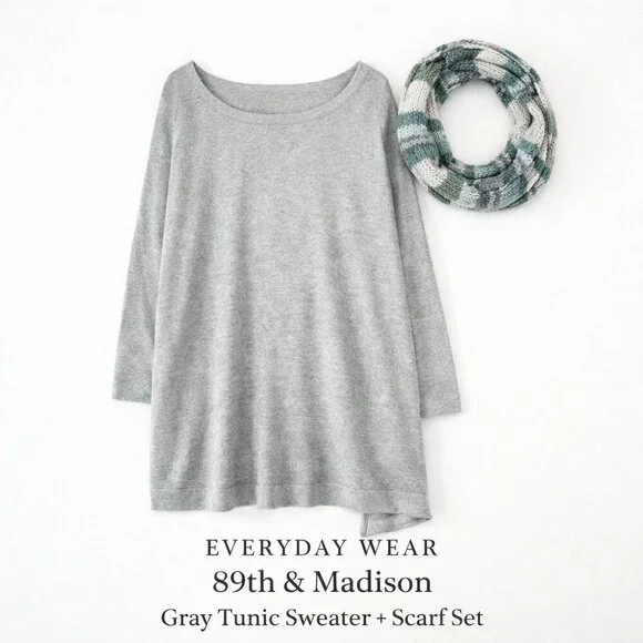 89th & Madison Gray Tunic Sweater + Scarf Set 1X Plus Cozy Knit
