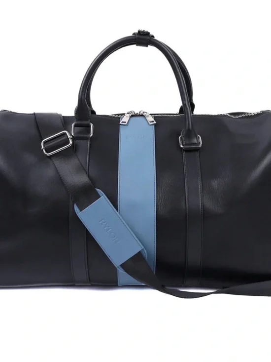 Rylor Black Italian Leather Duffel with Blue Center Stripe and Adjustable Strap