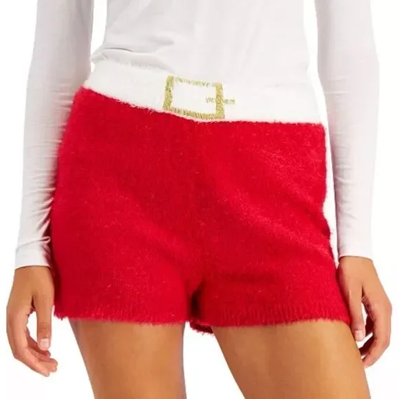 Hooked Up by IOT Juniors Santa Sweater Shorts,Red, size L