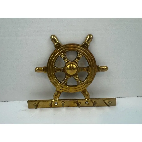 Vintage Solid Brass Ships Wheel Key Rack Nautical Coastal Wall Mount 6 Hook 7.5