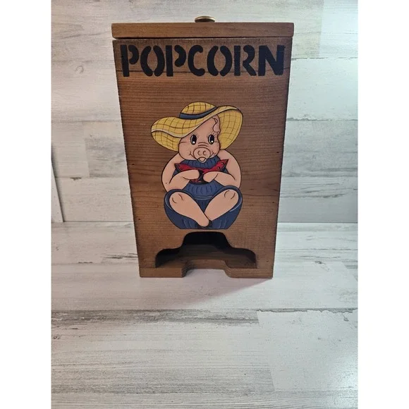 Vintage Wooden‎ Popcorn Dispenser Bin Hand Painted Pig Farmhouse Rustic Decor