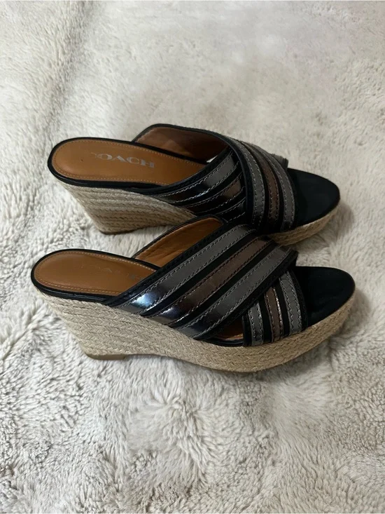 Coach Black and Brown Striped Espadrille Wedge Slide