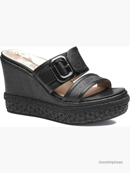 Nappa Leather and Raffia Wedge Sandals with Hook-and-Loop Strap