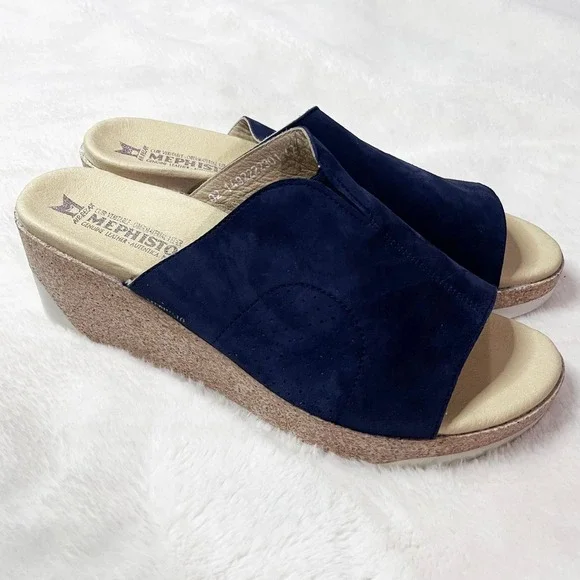 Mephisto Indigo Blue Giuletta Wedge Mule Sandal NWOT Size 42/12 US