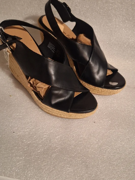 Women’s Black Leather Espadrille Wedge Sandals - Sleek Cross-Strap Design