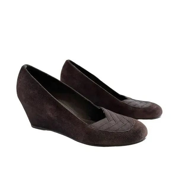 Stuart Weitzman Brown‎ Suede Wedge Pumps Chevron Toe vintage 8.5N
