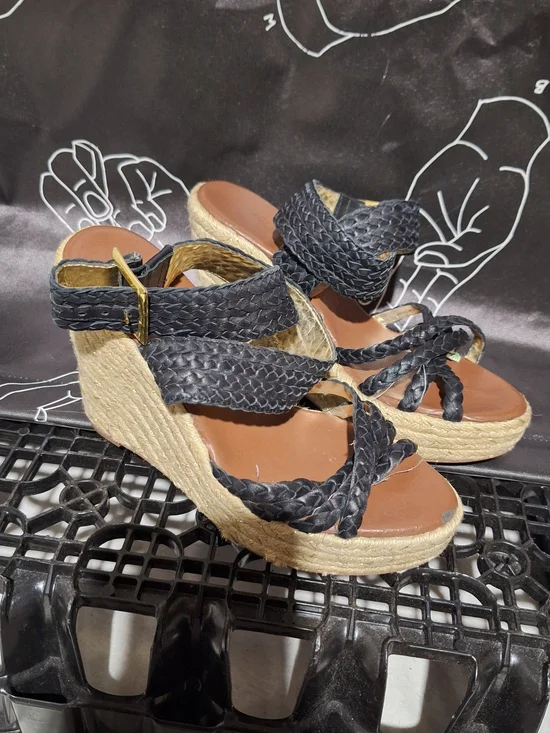 Woven Espadrille Wedge Sandals - Black