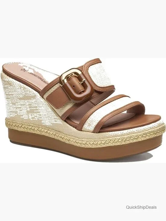 Nappa Leather & Raffia Platform Wedge Sandals - Hook-and-Loop Buckle Strap
