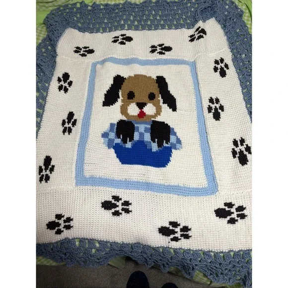 Crochet Blue White Brown‎ Baby Blanket Afghan Handmade Puppy Dog 50x60