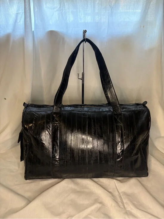 Vintage Genuine Black Eel Skin Leather Large Weekender Duffle Overnight bag