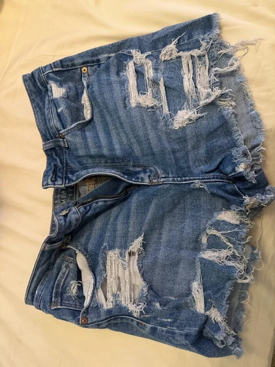 Distressed High-Waist Denim Shorts - Blue