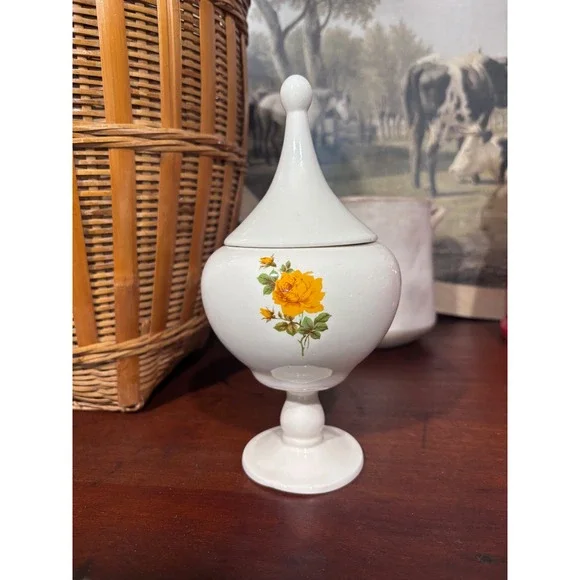Vintage Yellow Rose Ceramic Pedestal Apothecary Jar with Lid one of a kind