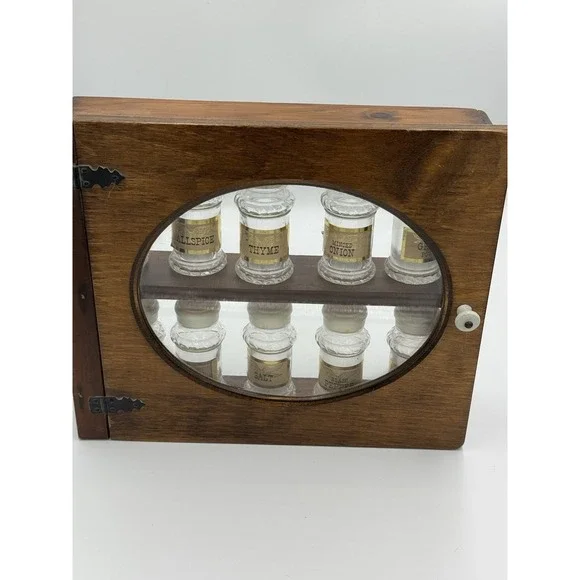 Antique Wood Spice Cabinet Rack w/ 10 Glass Jars & Lids