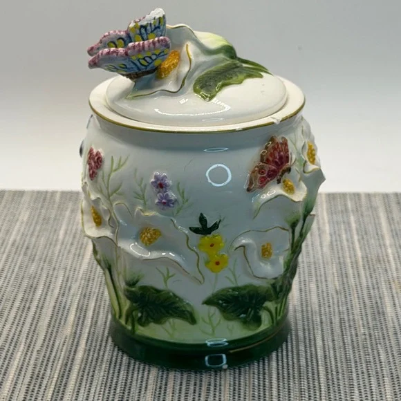Ks Collection Ceramic Calla Lily Butterfly Canister Jar 3D Floral Vintage Decor