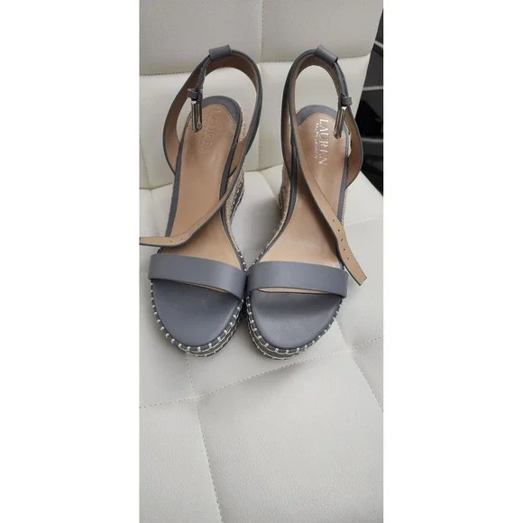 Lauren Ralph Lauren Hilarie Espadrille Wedge Sandals Ocean Blue Grey Leather 9B‎