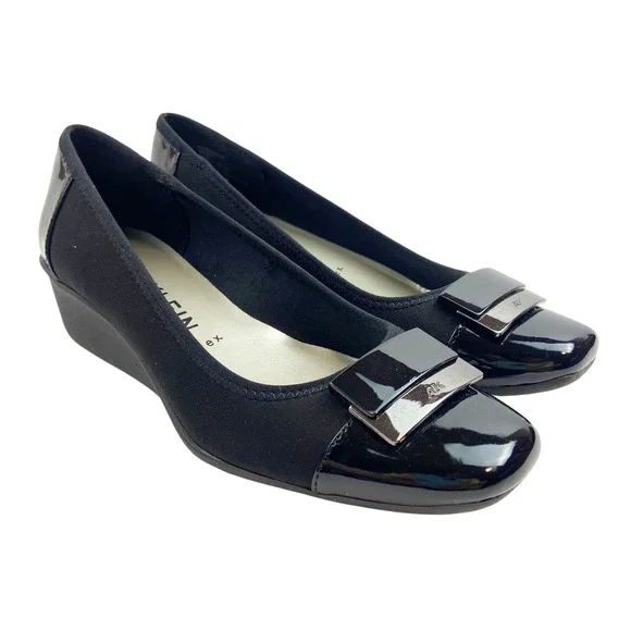 Anne Klein‎ iFlex Black Fabric Patent Cap Toe Wedge Heels WAVERLY Womens 7.5M