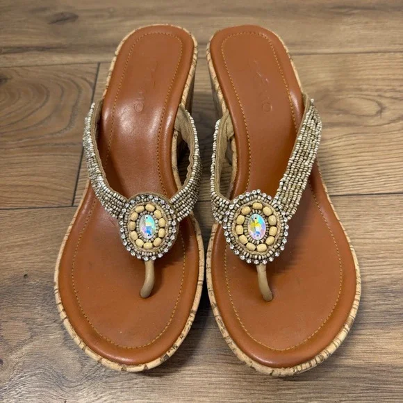 Skemo Beaded Cork Wedge‎ Thong Sandals Boho Rhinestone Flip Flops Womens 9