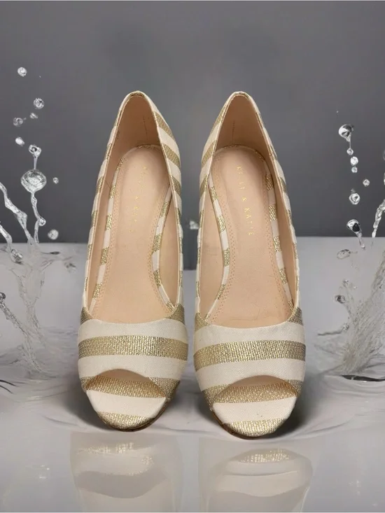 Wedge Peep-Toe Pumps in Cream and Gold Stripe