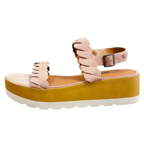 Lucky Brand Vellenora Pink Suede Scalloped Platform Wedge Sandals 9.5 M