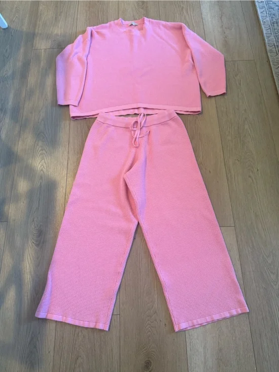 Boutique Waffle Knit Lounge Set Pink XL Top 1X Wide Leg Pants Cozy Matching