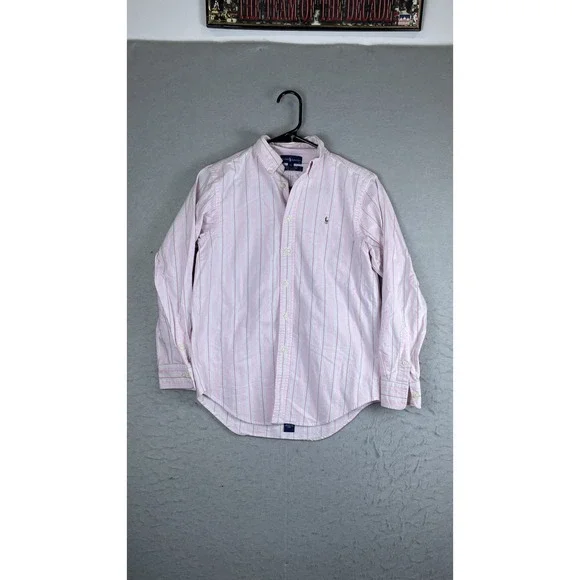 Ralph Lauren‎ Shirt Youth 14 Pink Stripe Long Sleeve Button Down Top Pony Logo