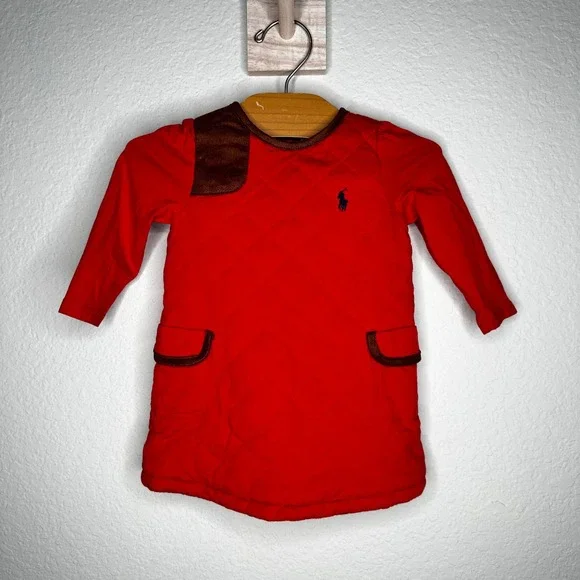 Ralph Lauren Baby Girl Red Quilted Equestrian Dress Brown Trim 6M Long Sleeve