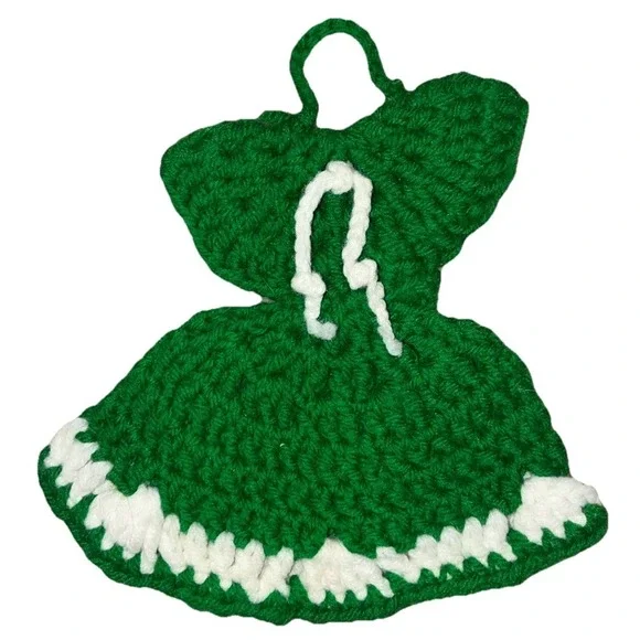 Potholder‎ Crocheted Dress Handmade Crochet Hot Pad Trivet Wall Decor Green NEW