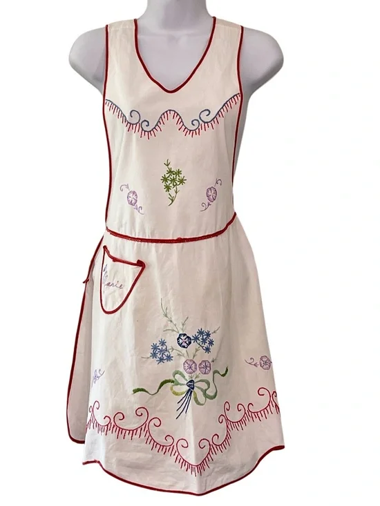 Vintage Hand Embroidered Hostess Apron Personalized Marie Floral
