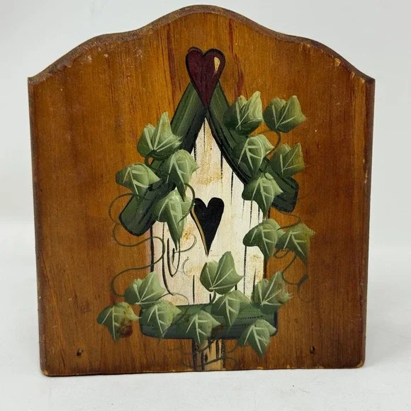 Vtg Hand Painted Wooden Napkin Holder Birdhouse Ivy Heart Country Decor Folk Art