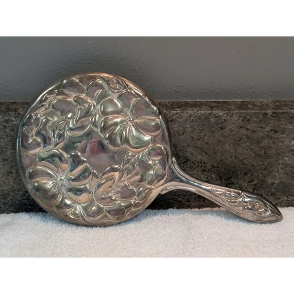 Vintage Antique Art Nouveau Silver Hand Mirror Embossed Flowers  Tiffany ? Heavy