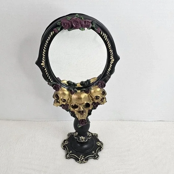 Halloween Gothic CHRISTIAN SIRIANO Tabletop Black/Gold Triple Skull Mirror 14.5