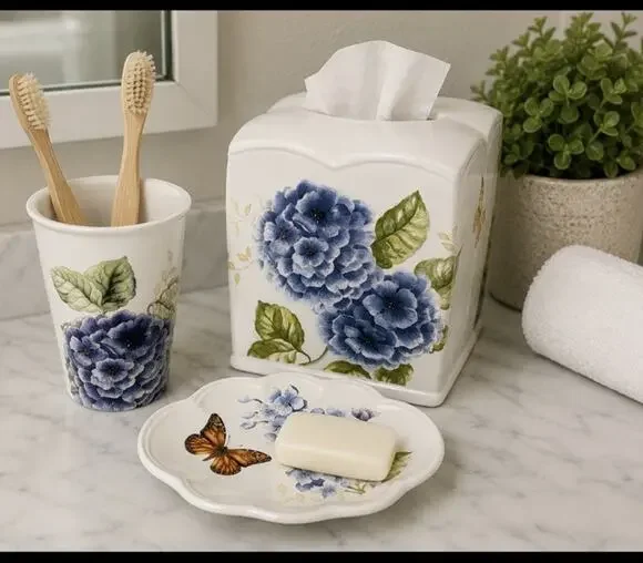 Lenox Blue floral Bathroom Set Tissue Holder Toothbrush Soap Dish Butterfly