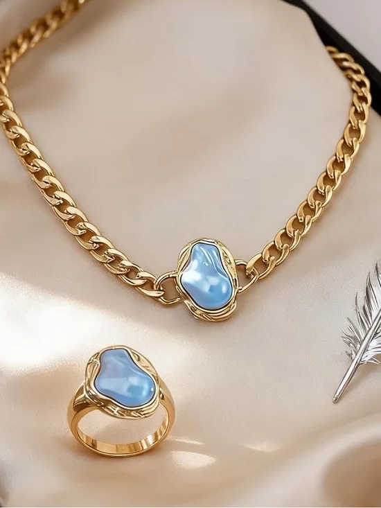 Anthropologie Gold-Tone Chain Necklace and Ring Set with Blue Cabochons