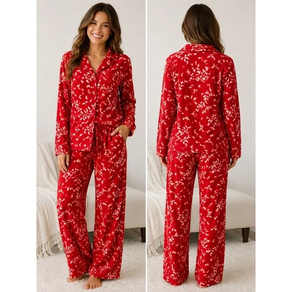 Victoria's Secret Red White Feather Print Pajama Set M Sleepwear Loungewear