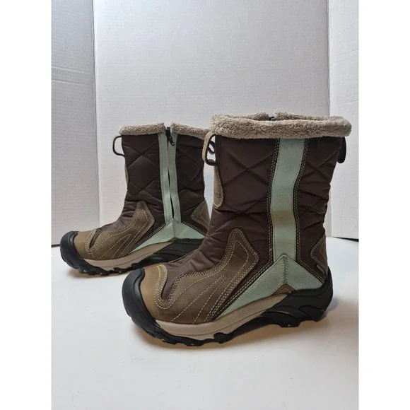KEEN Waterproof Winter Boots Women 6 Brown Teal Quilted Insulated Faux‎ Fur -25F