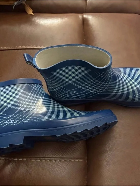 Women’s Navy Plaid Short Rain Boots - Waterproof Chelsea Style