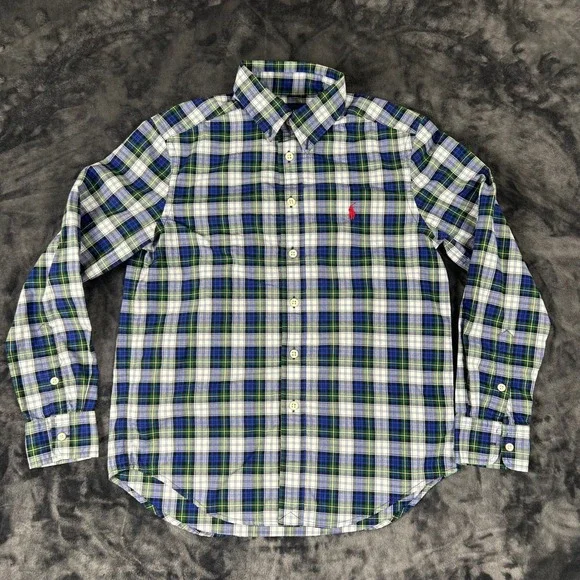 Ralph Lauren Button Down Shirt Kids M 10-12 Blue Green Plaid Natural Stretch