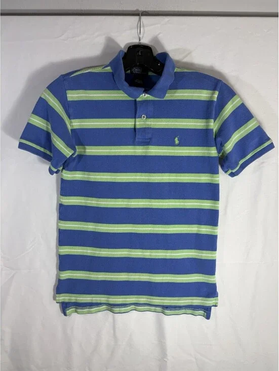 Polo Ralph Lauren Boys M Blue Green Striped Pony Pique Cotton Polo Shirt