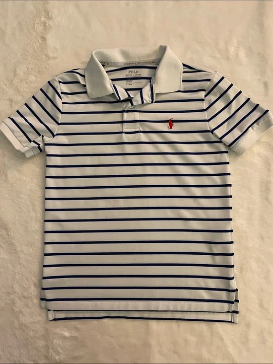 Polo Ralph Lauren Boys' White Navy Stripe Polo Shirt with Red Logo SZ 6