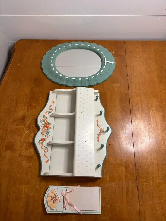 VTG 80s Country Cottage Wall Shelf Mirror & Notepad Green & Peach 3Pc Gallery