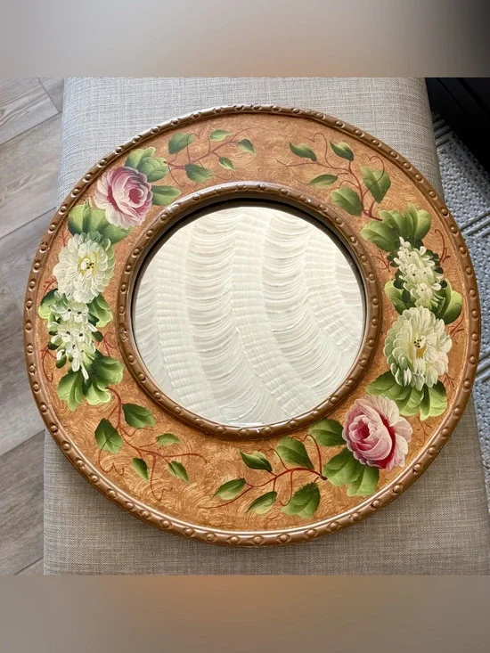 Vintage Hand-Painted Floral Round Wood Wall Mirror