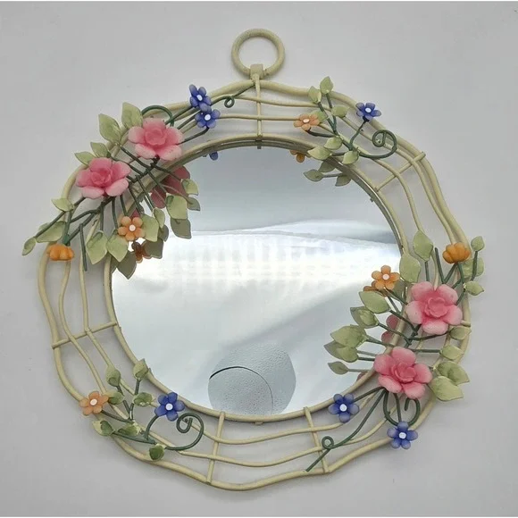 Vintage Floral Meal Wall Mirror Round Pink Blue Flower Vine Cottagecore Decor